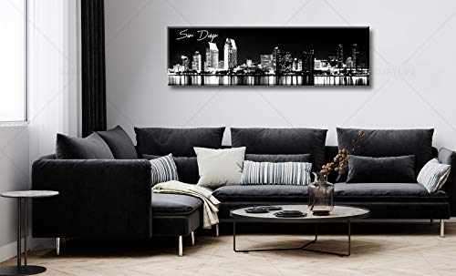 Image of DJSYLIFE San Diego Skyline Wall Art,Black and White Cityscape 13.8 inchx47.3 inch