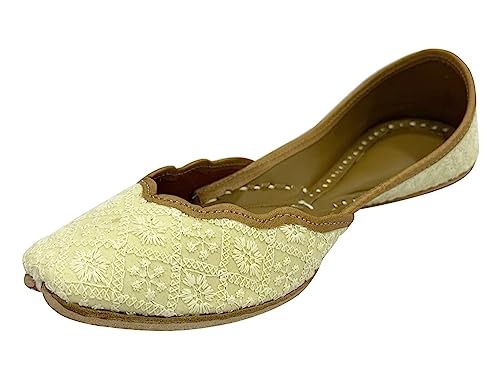 Stop n Style Cream Punjabi Jutti for Women Thread Work Handmade Shoes Indian Juttis Flat Mojari