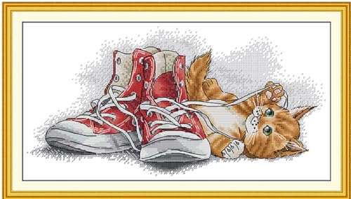 Image of Aiorkeng Cross Stitch Kits Stamped Full Range of Embroidery Starter Kits for Adults Beginners DIY 11CT 3 Strands -Printed kit Yellow Cat Playing with Shoelaces(Printed) 20.1x10.6 inches