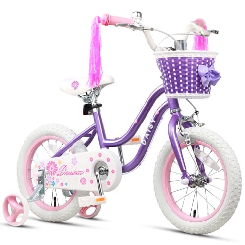 Glerc Daisy Kids Bike 14 inch for 3 4 5 years Old Girls with Streamers & Basket & Stabilisers, Purple