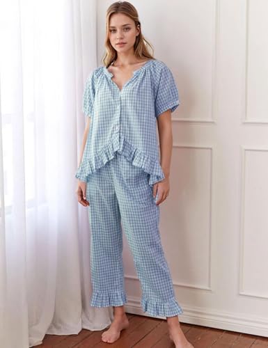 Flygo Womens Plaid 2 Piece Pajamas Sets Gingham Button Down Puff Sleeve Babydoll Shirt Ruffle Pants Y2K Pjs Lounge Set