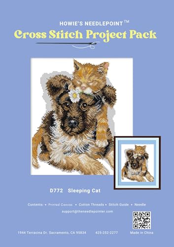 Image of Howie's Cross Stitch Kits, 14CT Pre-Printed Pattern Embroidery Set Needlework, Full Range of Stamped Starter Kits(The Sleeping Cats, 11.02 x 12.6 inch)