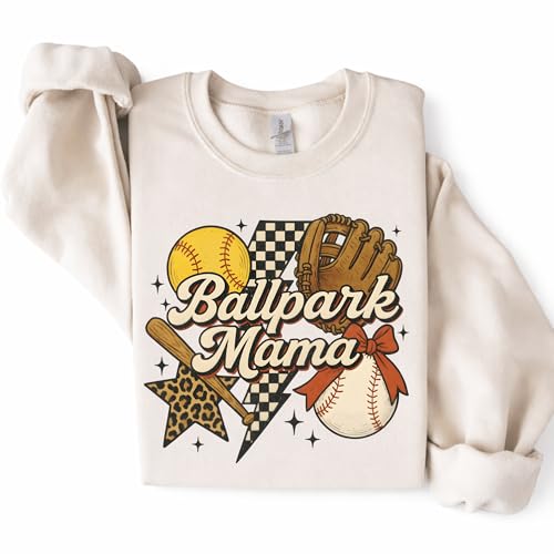 Daytee Ballpark Mama Sweatshirt Softball Mom Sweatshirt Baseball Game Day Crewneck Gift (US Alpha X-Large Regular Regular SAND)