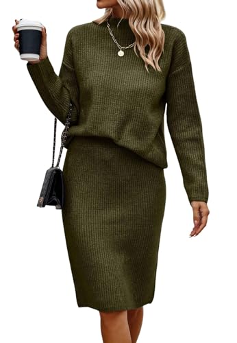 Image of Women 2 Piece Knit Sweater Skirt Set Midi Sweater Dress Long Sleeve Pullover Bodycon Knitted Skirt Set Outfit