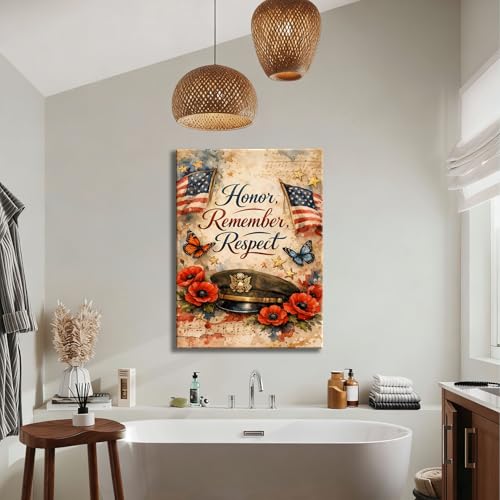 Image of Patriotic Honor Remember Respect Canvas Wall Art, Memorial Day Military Tribute, 4th of July Decor, Framed Prints for Home,Office,Living Room, Made in USA, Ready to Hang