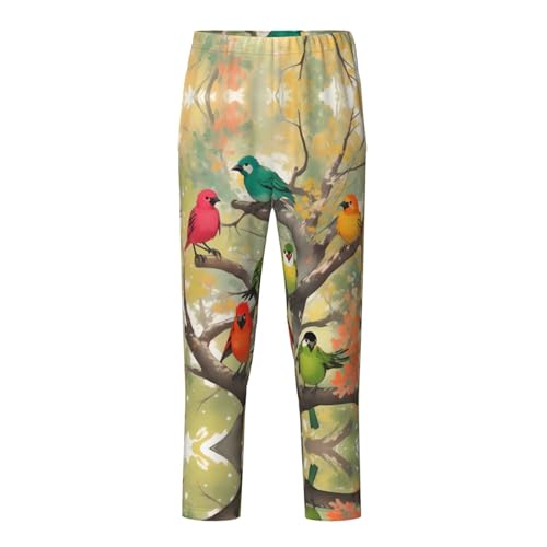 Pajama Pants Pajama Bottoms with Elastic Waistband Sleepwear Lounge Pants, Watercolor Colorful Birds Branches