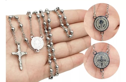 Terço São Bento Cordão Corrente Masculino Rosario Terco Oracao Protecao Fe Aco Prata