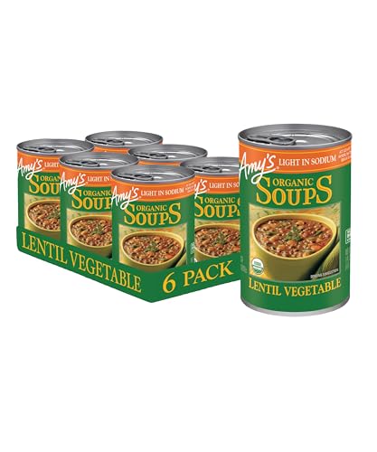 Amy’s Soup, Vegan Light in Sodium Lentil Vegetable Soup, Gluten Free, Made With Organic Vegetables, Canned Soup, 14.5 Oz (6 Pack)