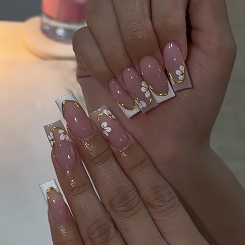 Image of 24Pcs White French Tip Press on Nails Flower Fake Nails with 3D Gold Line Design Medium Square Stick on Nail Glossy Full Cover Nail for Women Manicure
