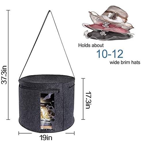 19" D x 17" H large Size Round Hat Storage Box with Clear Front Panel, Felt Hat Storage Box with Dustproof Lid Collapsible Hat Organizer Stuffed Animal Toy Storage Bin Bag for Men Women Large Hats