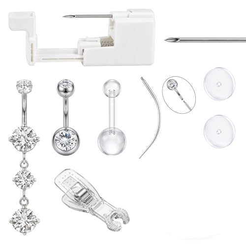 AceFun Belly Button Piercing Kit 14G Belly Piercing Kit Stainless Steel Dangly Belly Button Bars with Self Piercing Tool Disposable Clamps Set Belly Piercing Sets Do It Yourself