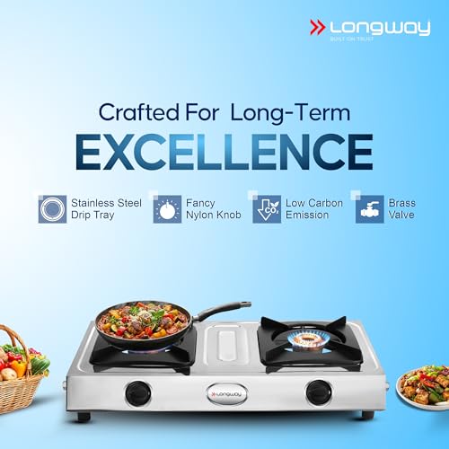 Image of Longway Stellar Stainless Steel Top, 2 Burner Manual Ignition Stainless Steel Gas Stove (Silver, ISI Certified, 2 Year Warranty)