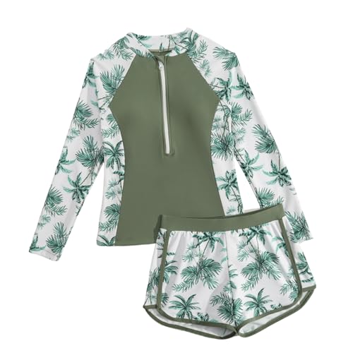Conjunto bañador Dos Piezas niña Manga Larga protección UV Cremallera Frontal Estampado Abstracto‑Tropical, Tejido Anti‑Cloro elástico, para Piscina Playa Verano niñas 7‑14 años