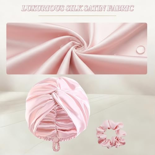 Adjustable Silk Satin Bonnet for Sleeping, Black & Blush Pink Hair Wraps Set Scrunchie, Soft Sleep Cap for Women Ladies Night Curly Braided Natural Hair Protection - 2