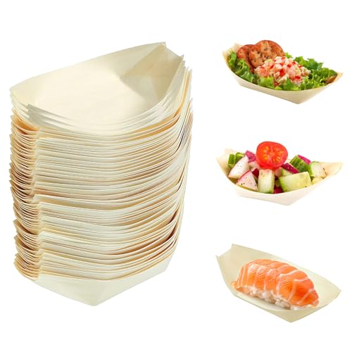 Aobuviou 50pcs Disposable Bamboo Boats for Food, Eco Friendly Boat Plates,Wooden Serving Boats Dishes,Sushi Boat Trays for BBQ,Party Garden Hot Dogs, Crepes, Salad, Chips,Fingerfood,17 x 8.5cm