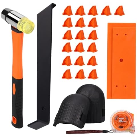 26 Pcs Wood Floor Installation Kit, Laminate Wood Flooring Tools with Rubber Mallet, Flooring Knee Pads, Heavy Duty Pull Bar, Solid Tapping Block,5-Meter Tape Measure and 20 Pcs Spacers Cover