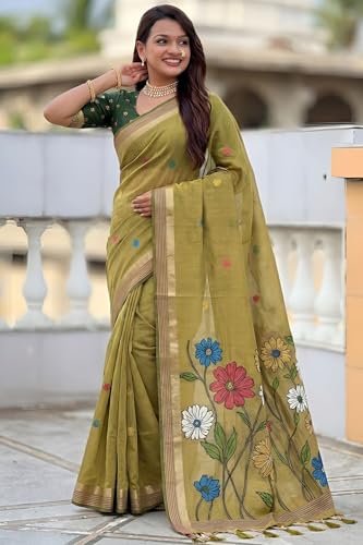 Image of SGF11 Women's Soft Cotton Linen Silk Saree With Blouse Piece