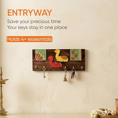 Image of AAKRITI ART CREATIONS Key Holder, Handcrafted Tribal Art Alpaca Theme Key Hanger | Rustic Wood Wall Organizer with 5 Hooks | New Home Gifts| Multifunctional Entryway Decor Item