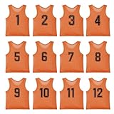 GINUMWA Pinnies Team Practice Vests with Numbers for Child Youth Teen Adult, Mesh Scrimmage Jerseys for Soccer, Football, Basketball (Orange-12, Youth/Adult)