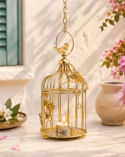 Image of Homesake Golden Small Metal Hanging Cage Lantern with Floral Vine & Chain, Decorative Tealight Candle Holder for Balcony, Home Decor, Diwali Decoration, Wedding & Festival Decoration