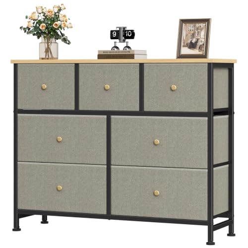 Image of OLIXIS 7 Drawer Dresser for Bedroom, Tall Fabric Storage Tower with Sturdy Steel Frame and Wooden Top, Large Dresser for Living Room Entryway with Easy Pull Fabric Bins,Dark Green