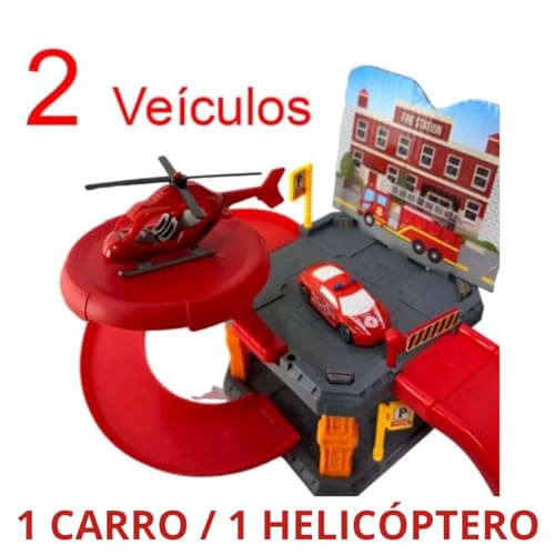 kit 2 Estacionamento Brinquedo Pista com carrinho helicoptero dinossauro policia bombeiro dino rampa