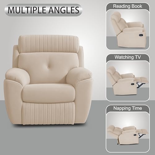 Image of Adorn India Premium Majestic 1 Seater Recliner Manual Sofa Chair | Cream Suede Velvet Fabric | Soft Padded Back Rest & Handrest | Living Room Recliner Chair | 3 Years Warranty