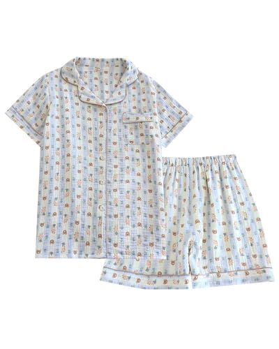 Womens Cute Pajama Set Short Sleeve Button Up Shirt and Shorts 2 Piece Cotton Pj Sets
