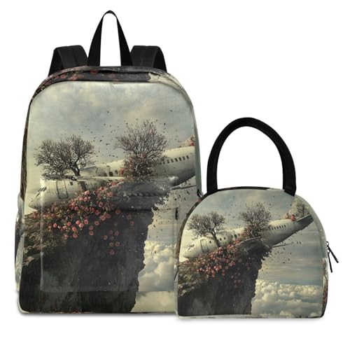Backpack Lunch Box Set Large Capacity Travel Backpacks and Insulated Lunch Bag for Commute Hiking Picnic Wreck Of Plane Print