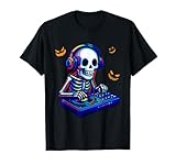 scheletro colorato come ballerina musicale in costume da dj per halloween maglietta
