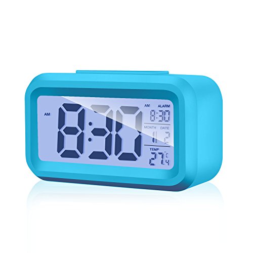Alarm Clock Digital Large LCD Display Battery Operated Modern Portable Morning Sensor Smart Snooze Back-Light Multi-Function Clock Time Date Month Temperature Fits for Office Bedroom Dormitory Travel