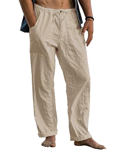 Cegerne Herren Leinenhose Lang Leicht Sommerhose Mittelalter Loose Fit Freizeithose Elastischer Bund mit Kordelzug für Urlaub Strand Alltag