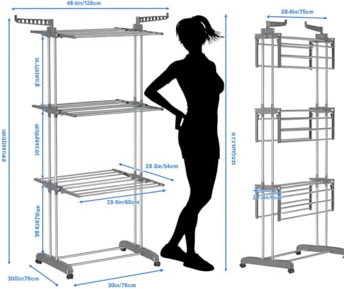 SKY-TOUCH 4 Tier Foldable Clothes Drying Rack, Laundry Drying Rack with Two Side Wings, Movable Drying Rack with 4 castors, 24 Drying Poles & 14 Hooks, Space-Saving, for Bed Linen, Clothing - Grey