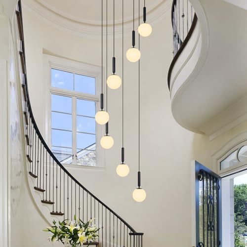 Image of 7-Lights Black Chandelier with Milk White Glass Hanging Fixture Light