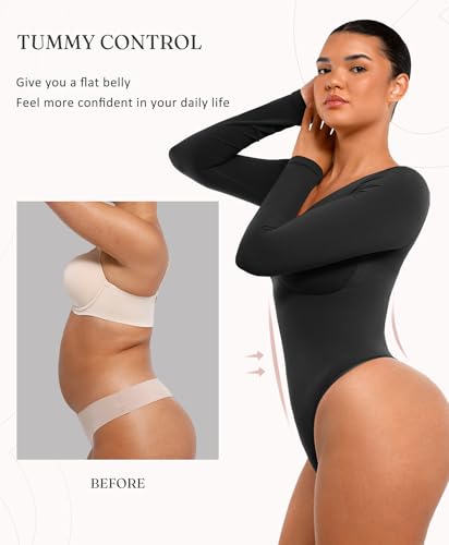FeelinGirl Women's Long Sleeve Shapewear Bodysuit for Tummy Control Seamless Body Suits Thong V Neck Going Out Tops2
