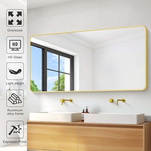 Image of 55 inchx30 inch Gold Bathroom Mirror, Large Rectangle Mirror, Rectangular Wall Mirror, Rounded Corner Vanity Mirror with Aluminum Metal Frame for Bathroom Bedroom Living Room Horizontal /Vertical