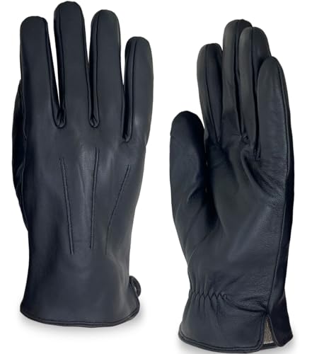 Zjjseloru Mens Clod Weather Gloves Lambskin leather Cashmere Lined, Touch screen, Black leather glove, M