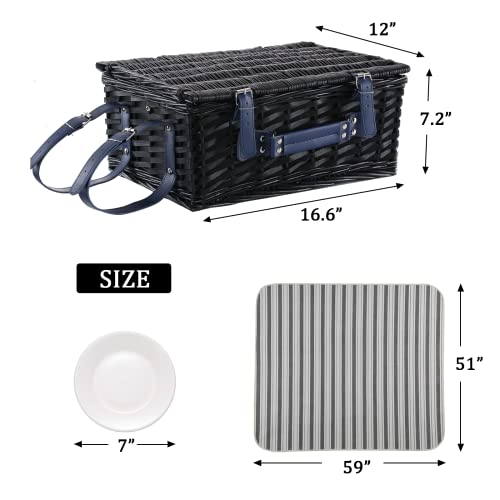 HYBDAMAI Wicker Picnic Basket for 4 with Waterproof Picnic Blanket and Insulated Cooler, Willow Hamper for Camping, Outdoors, Photoshoot, or a Birthday, Mother\'s Day, Wedding Gift, Black - Thumbnail 2