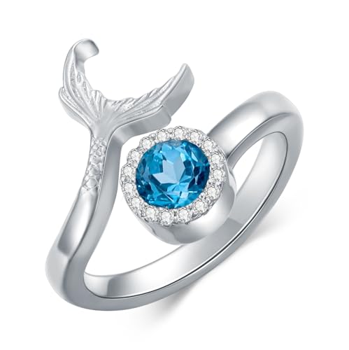 Mermaid Ring 925 Sterling Silver Natural Topaz Ring Mermaid Tail Rings Fish Tail Band Ring Silver Eternity Ring Mermaid Jewelry for Women Summer Ocean Gifts