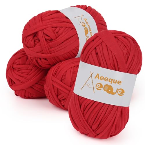 Aeeque Lot de 4 pelotes de fil pour t-shirt, 100 g - Pour crochet et tricot - Fil à ruban pour paniers, sacs à crochet, tapis, bonnet, rouge