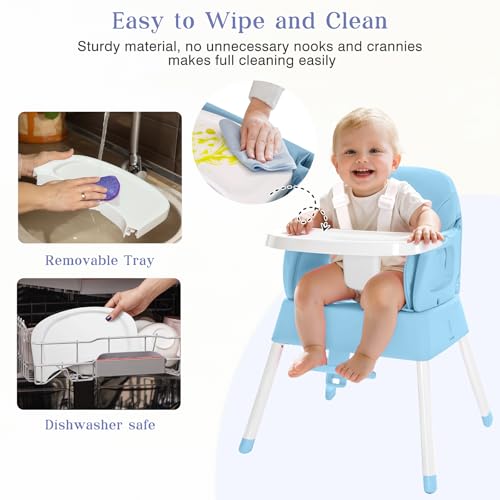 5 in 1 Foldable Baby High Chair,Convertible Highchair for Babies and Toddlers-Portable Infant Booster Seat,Carry Small Box,Dining Chair,Toddler High Chair with 5-Point Harness,Removable Tray-Blue