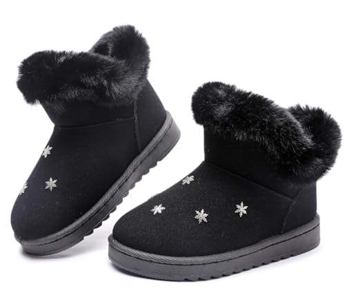 DADAWEN Kids Boys Girls Snow Boots Suede Warm Fur Lined Slip On Outdoor Winter Boots (Toddler/Little Kid) Black US Size 7 M Toddler