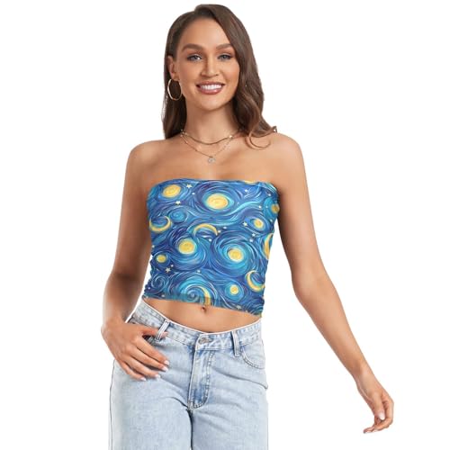 Camiseta de verano azul estrellada para mujer, sin tirantes, camiseta de tubo de malla, ombliguera moderna (S), Blue Starry Night 1, M