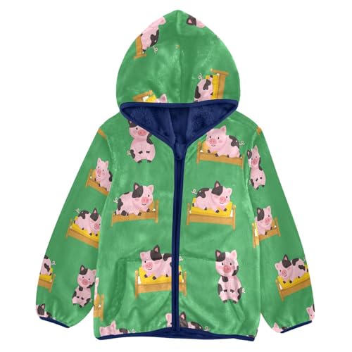 Pig Pattern on Green Background Toddler Fleece Jacket Girl Boys Hooded Fleece Jacket Coat Warm Outwear Zip-up 3-10T