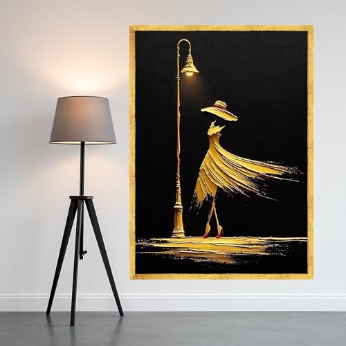 Décoration murale tableau moderne sur toile 50x75 cm peinture femme robe fluide dorée