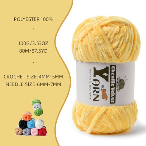 Image of 4 Pack Plush Chenille Chunky Yarn - Fluffy Velvet Yarn Crochet for Blanket Knitting and Crocheting - Soft Baby Yarns for Crocheting - Amigurumi Crochet Yarns 100g (87yds) (4 Light Yellow)