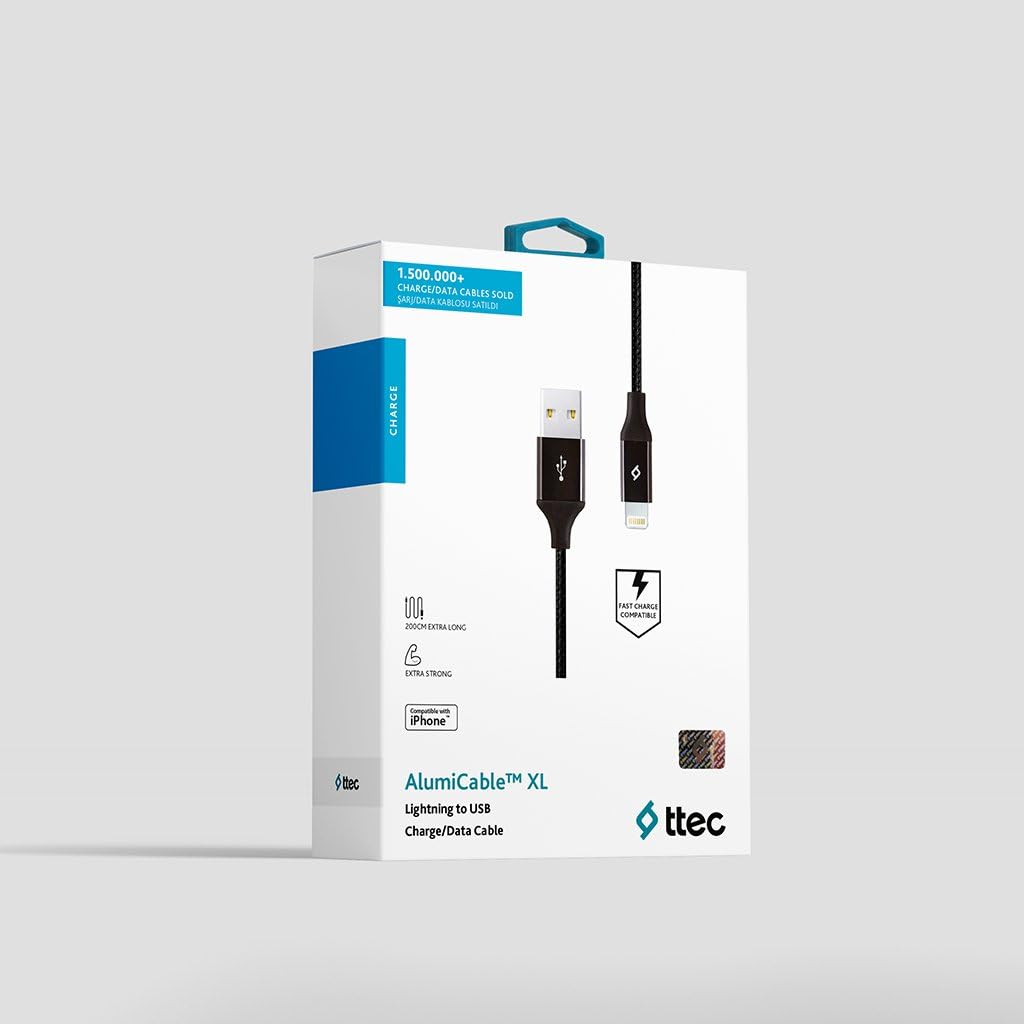 Ttec Alumicable XL Lightning Şarj ve Data Kablosu, Siyah, 2 m