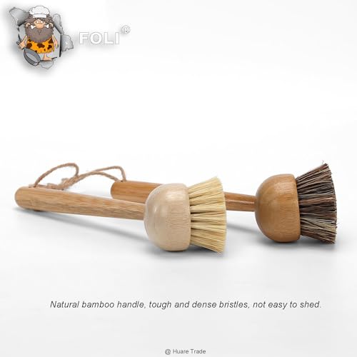 HR Huare Technology Dish Scrub Brushes Bamboo Handle Wooden Cleaning Scrubbers Brushes Stiff Bristles for Washing Kitchen Cast Iron Pan Pot (2PCS with Sisal Bristles & Palm Bristles with Long Handle) - Image 2