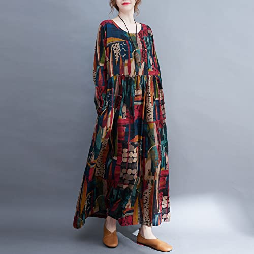 Moniss Vestido feminino solto com estampa de bolsos manga longa e gola O