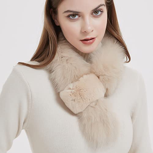 Bibury Khaki Real Fox Fur Scarf With Rex Rabbit Fur Trim, Cold Weather Neck Warmer,Winter Accessories3